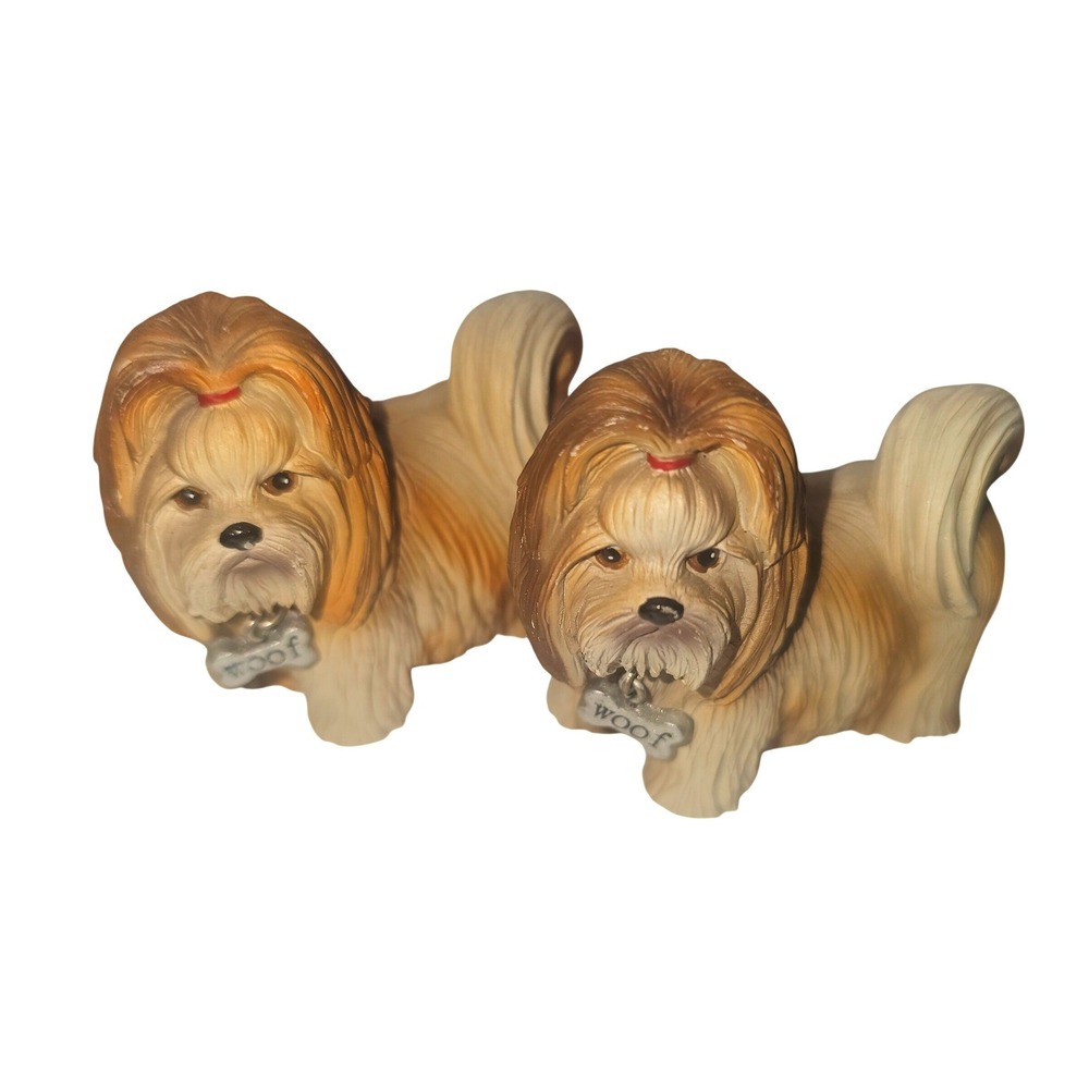 Vintage Shih Tzu Dog Figurines Pair Sandstone Brown Tan Woof Bone Charm Set of 2